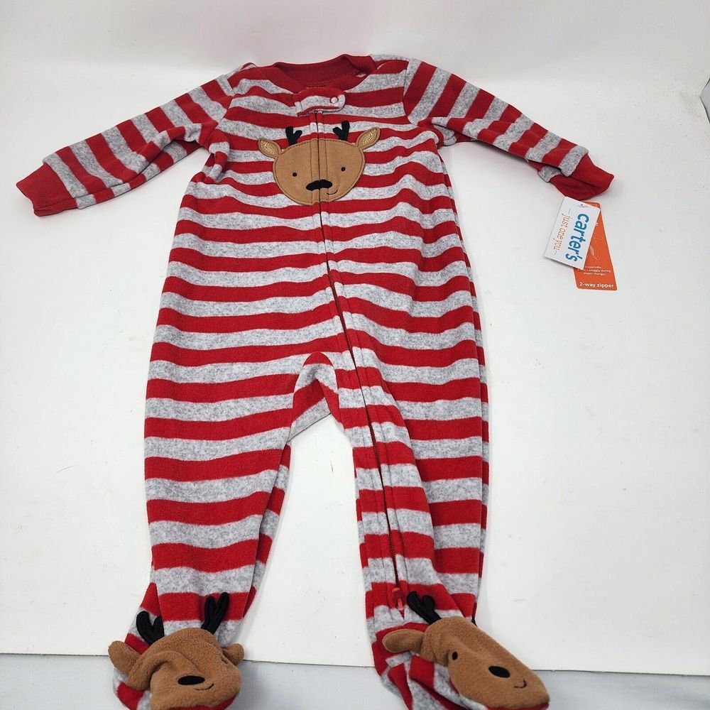 Carter's Just One You 6 Month Unisex Reindeer Striped‎ Fleece Footed Pajama New